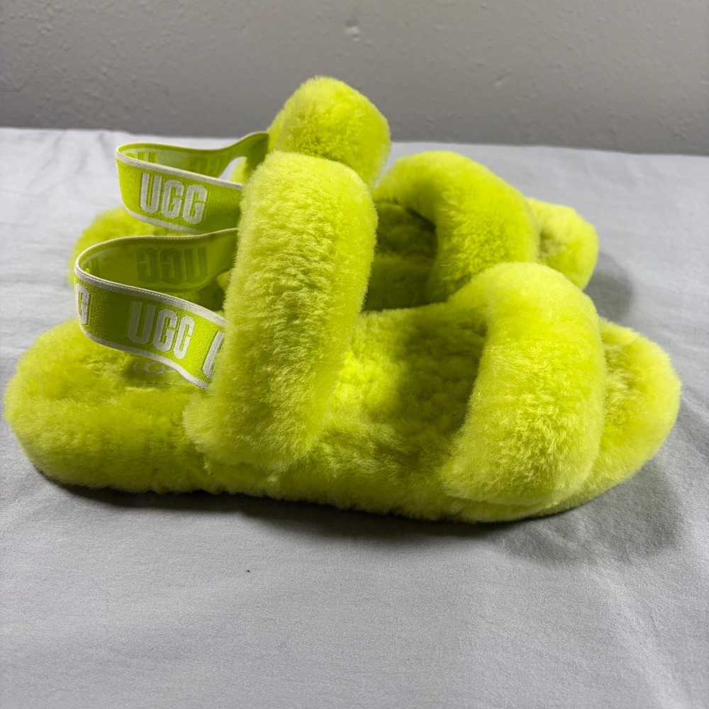 UGG Fluffita Sulfur Neon Yellow Curly Sheepskin Platform Slides Sandals 1115752K